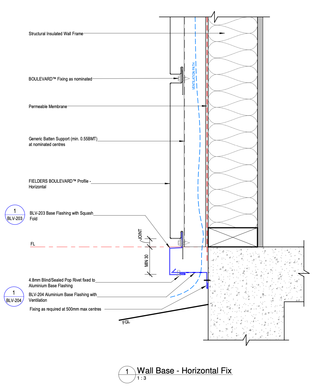 Boulevard™ Non-Cyclonic - Figure BL ID NC - B08-01 - Horizontal Fix - Wall Base Detail