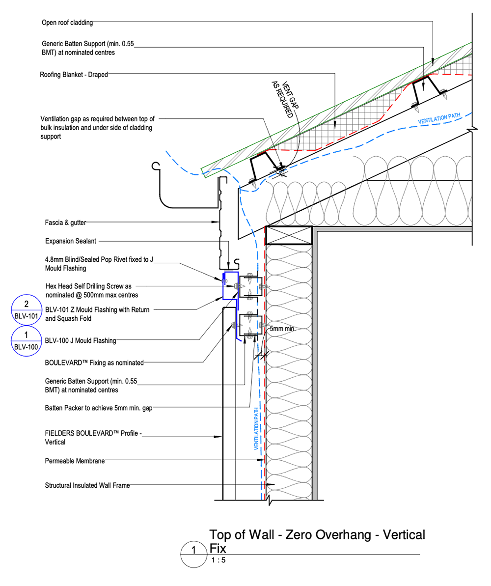 Boulevard™ Non-Cyclonic - Figure BL ID NC - B09-03 - Vertical Fix - Top of Wall Eave Detail - Zero Overhang