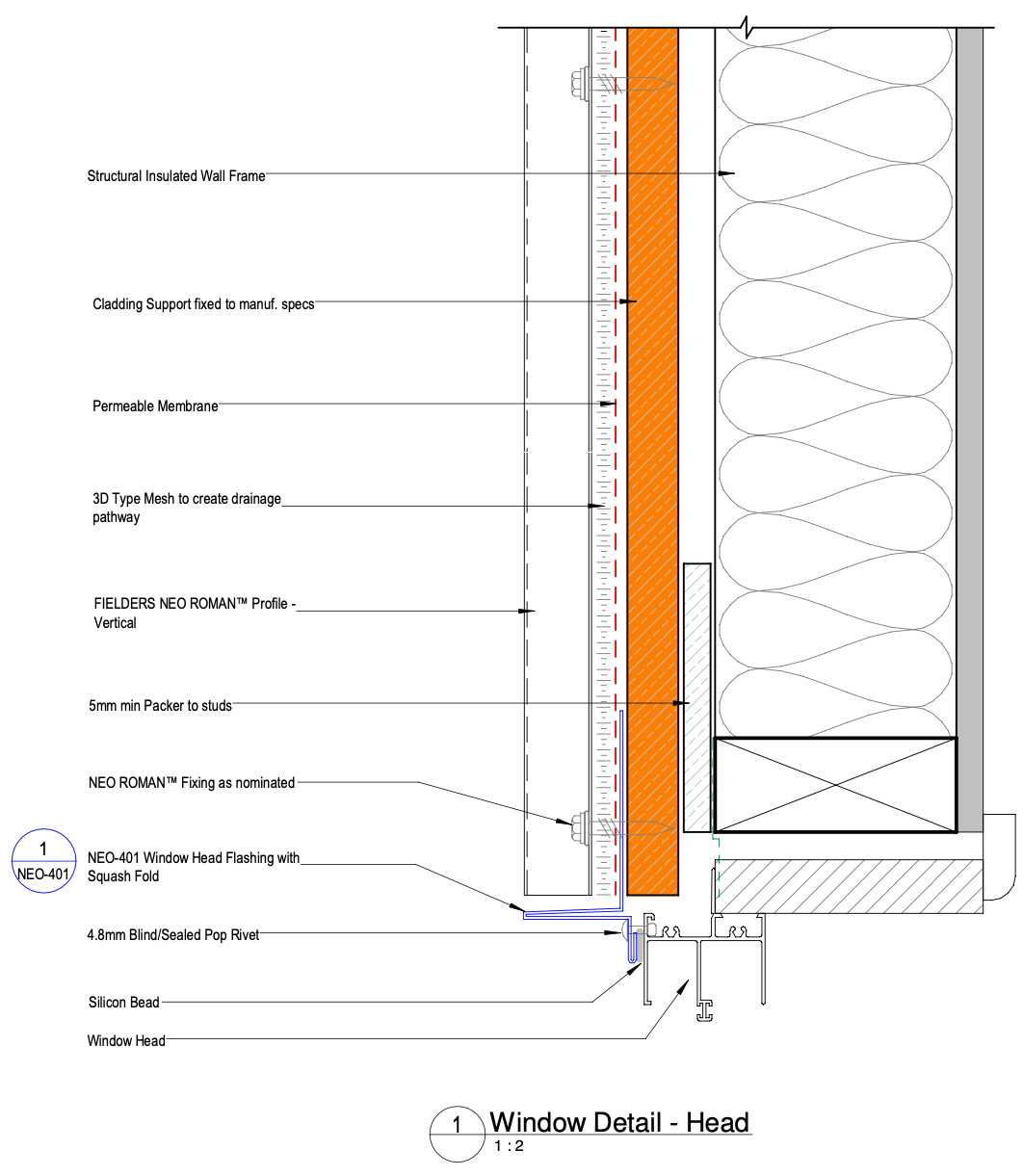 Fielders Neo Roman™ Non-Cyclonic - Figure NR ID NC - N11-12b - Window Head Detail - Supported Panel - Vertical Fix Option 2
